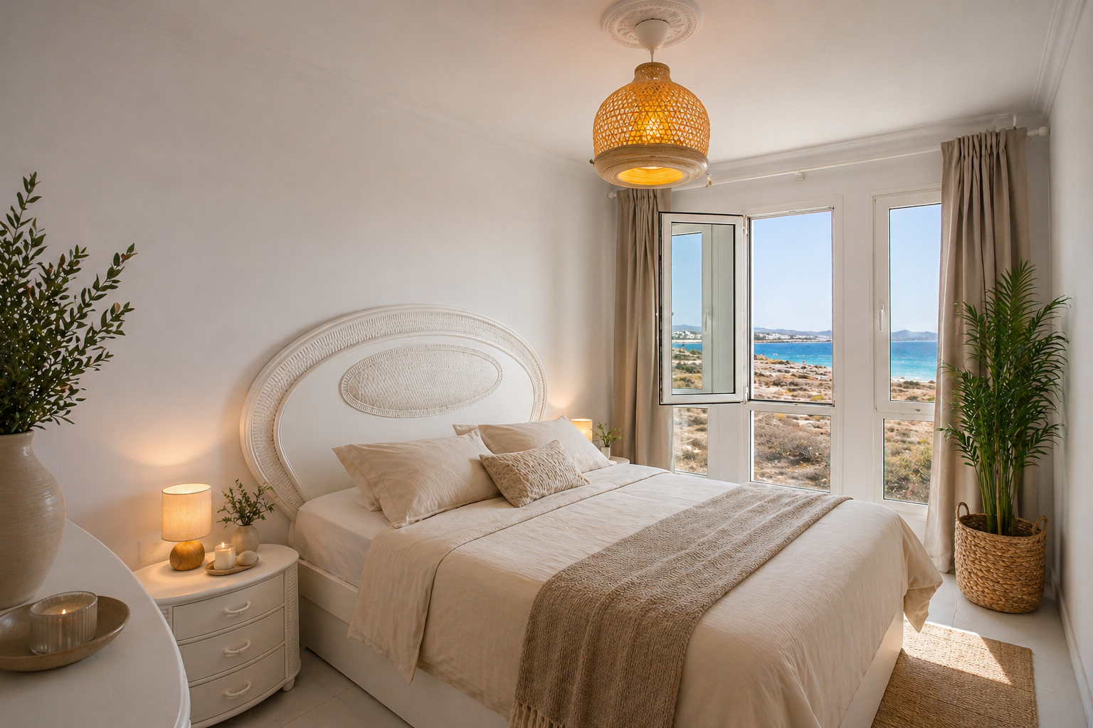 Sea view & rattan headboard