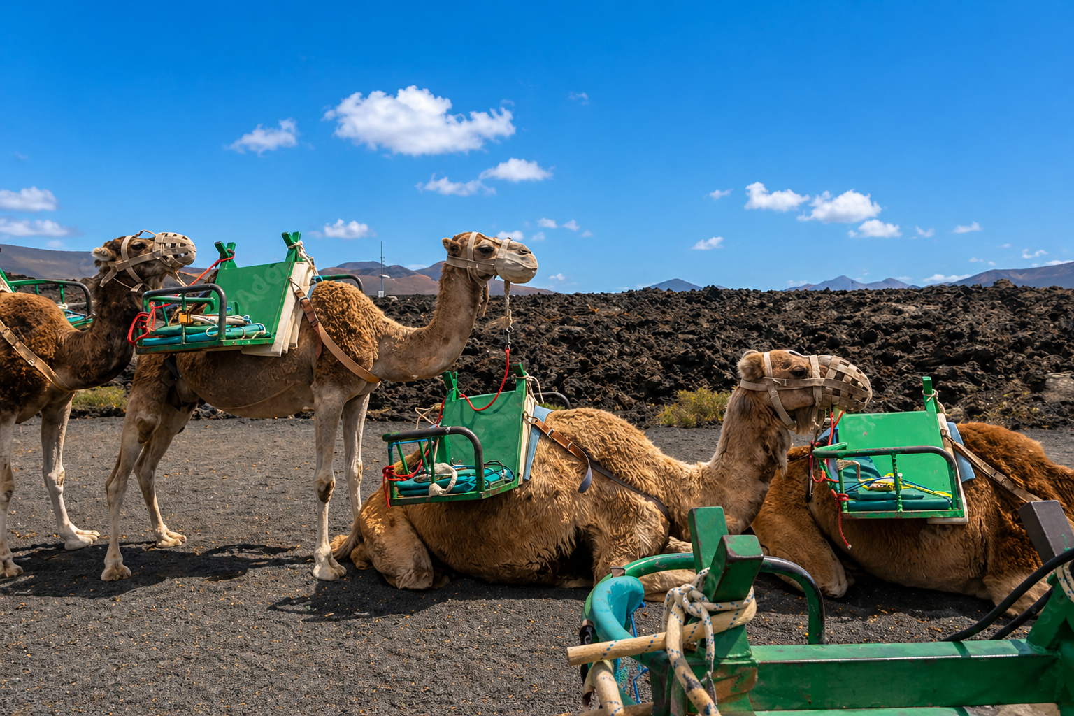Camels resting on volcanic ground at Timanfaya, Lanzarote