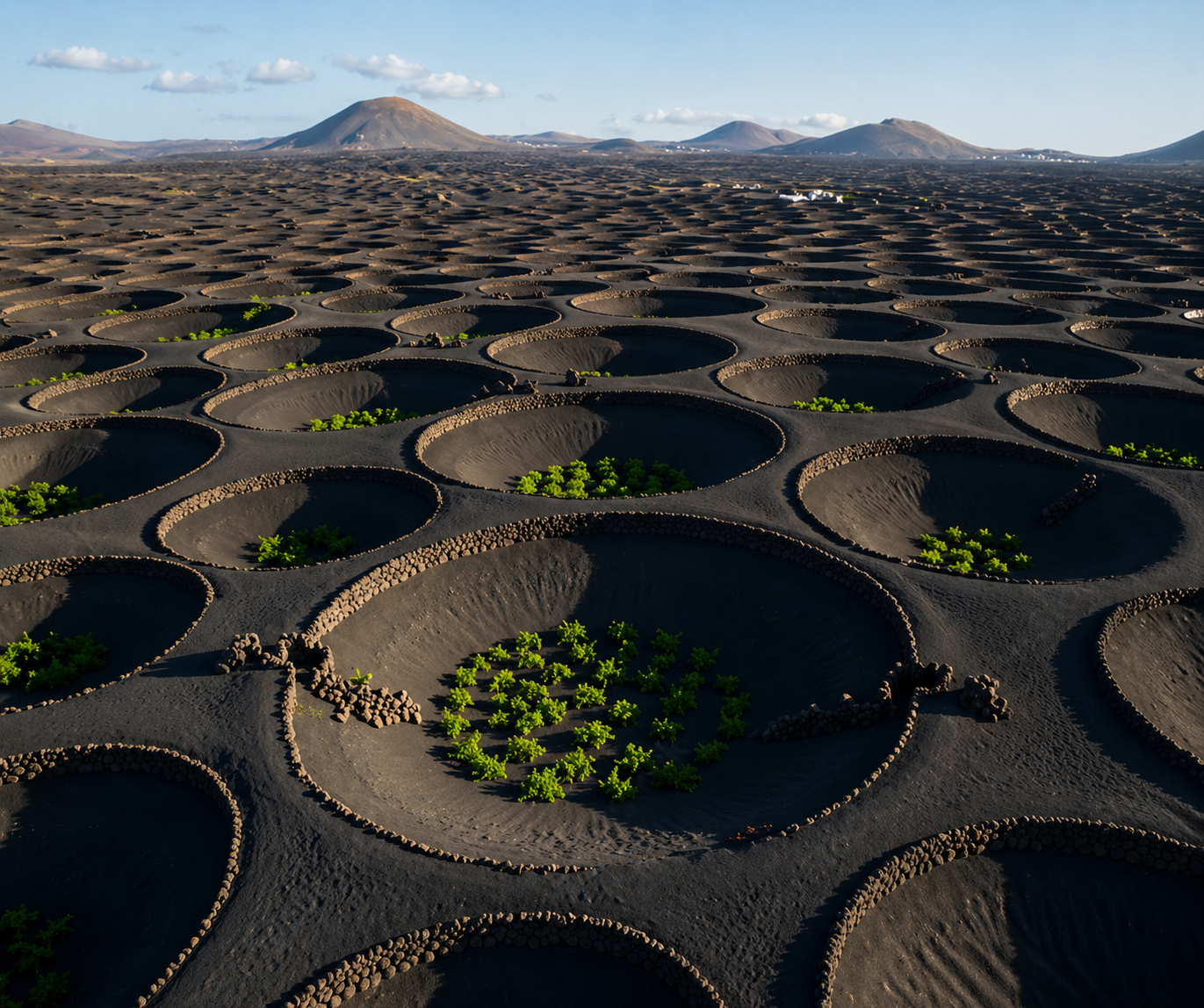 Vineyards of La Geria in volcanic ash with semicircular stone walls