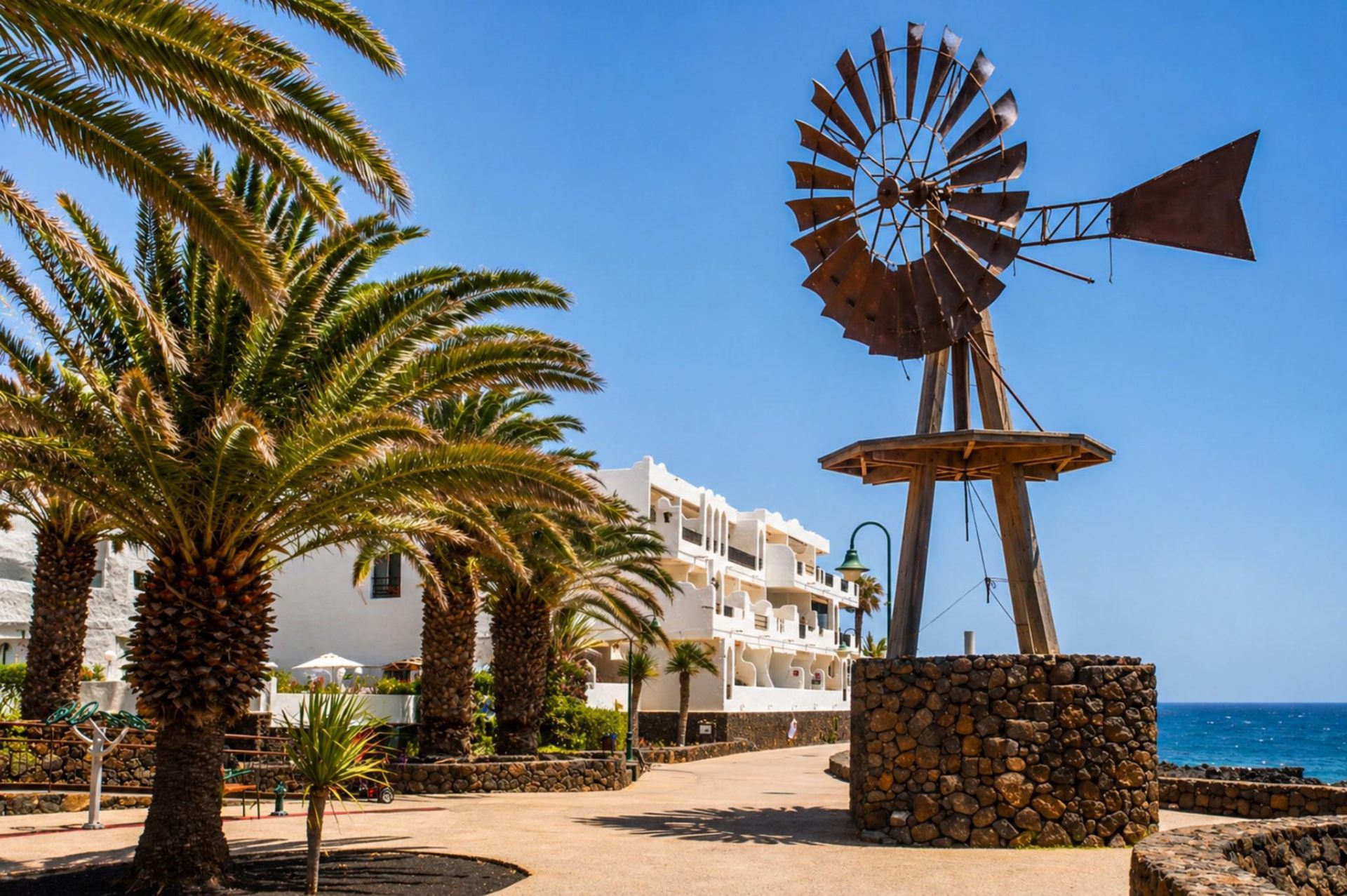 Iconic Canarian windmill and palm-lined avenue