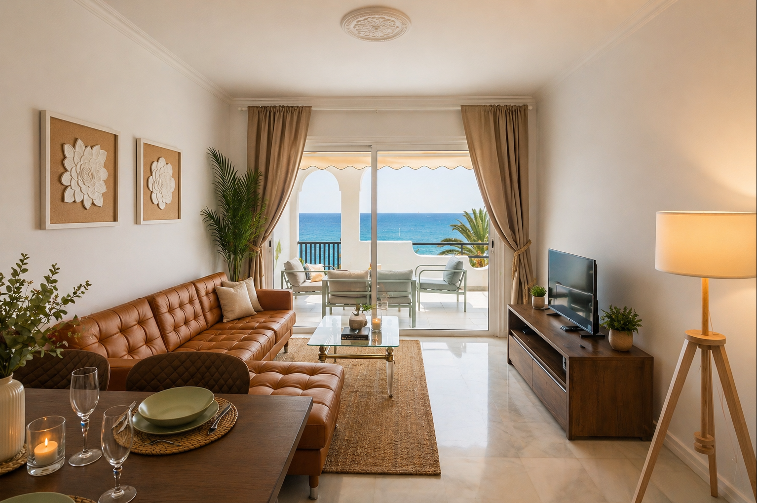 Selectum Lanza oceanfront living room with tan leather sofa, dining area and direct Atlantic views from the terrace